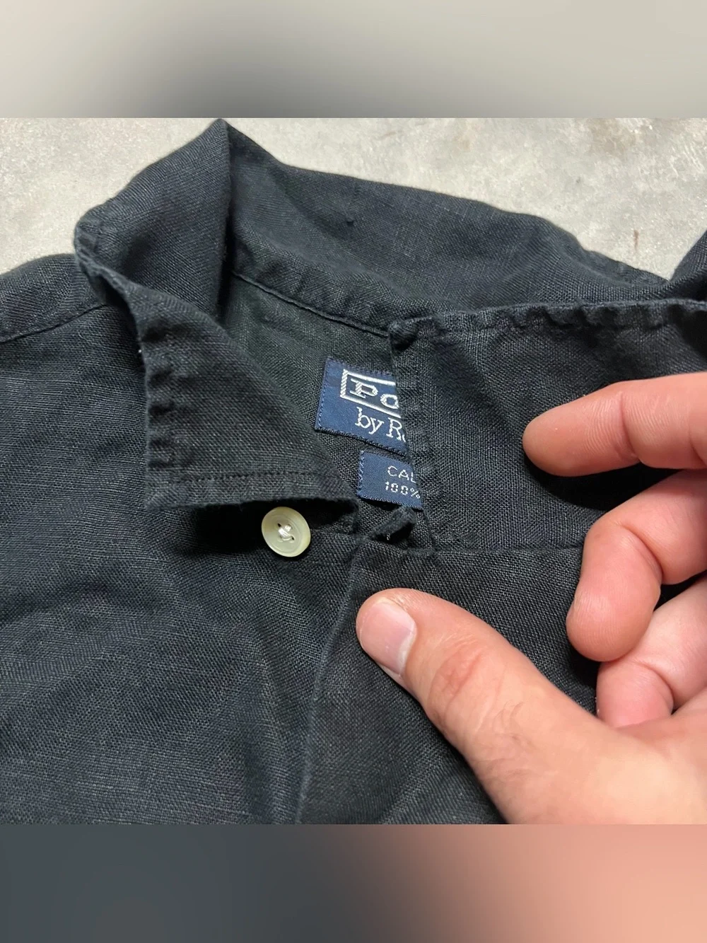 Vintage Polo Ralph Lauren Linen Caldwell Shirt Mens L Black Pocket Loop Collar